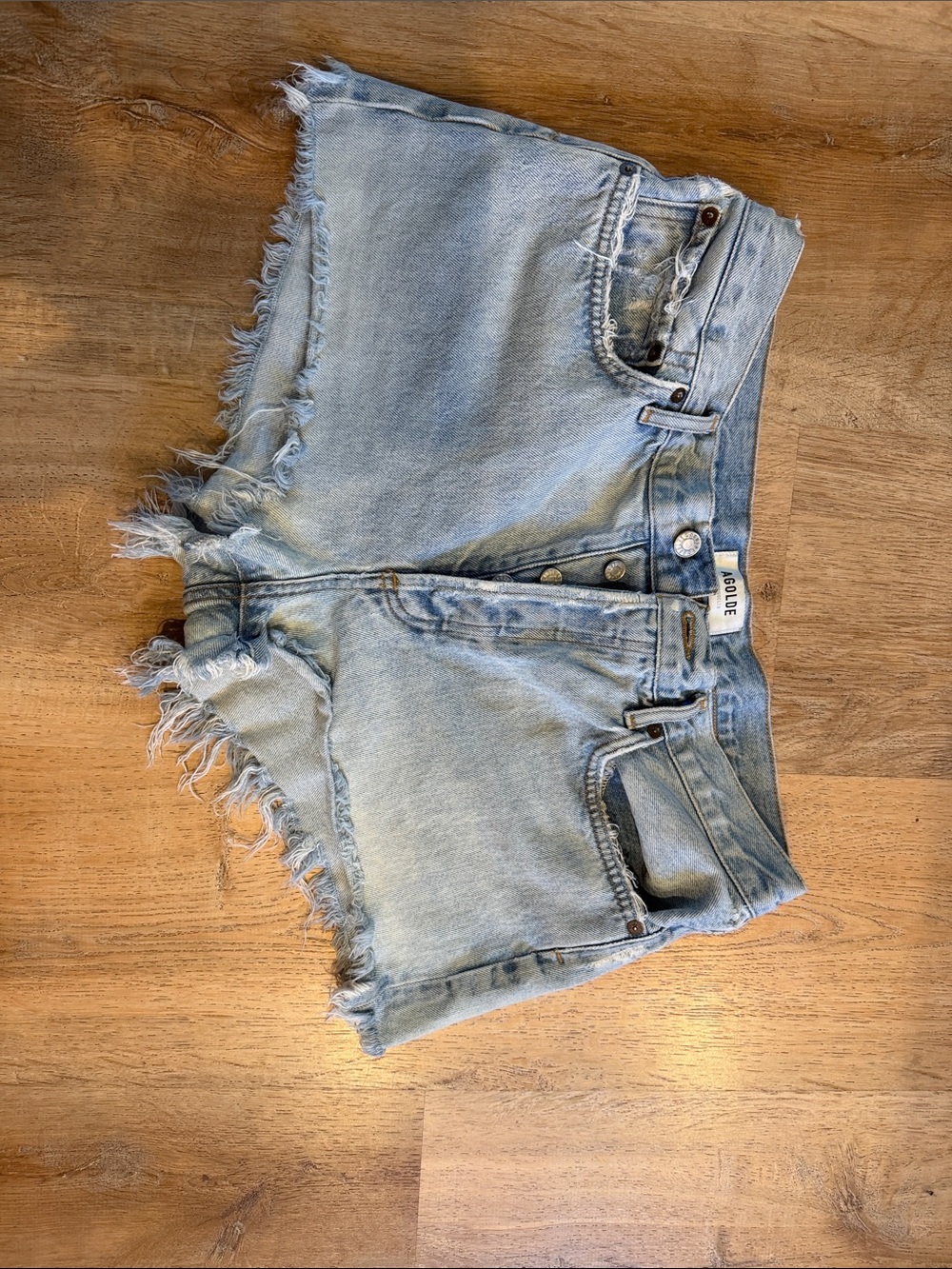 Agolde Light Blue Frayed Hem Denim Shorts